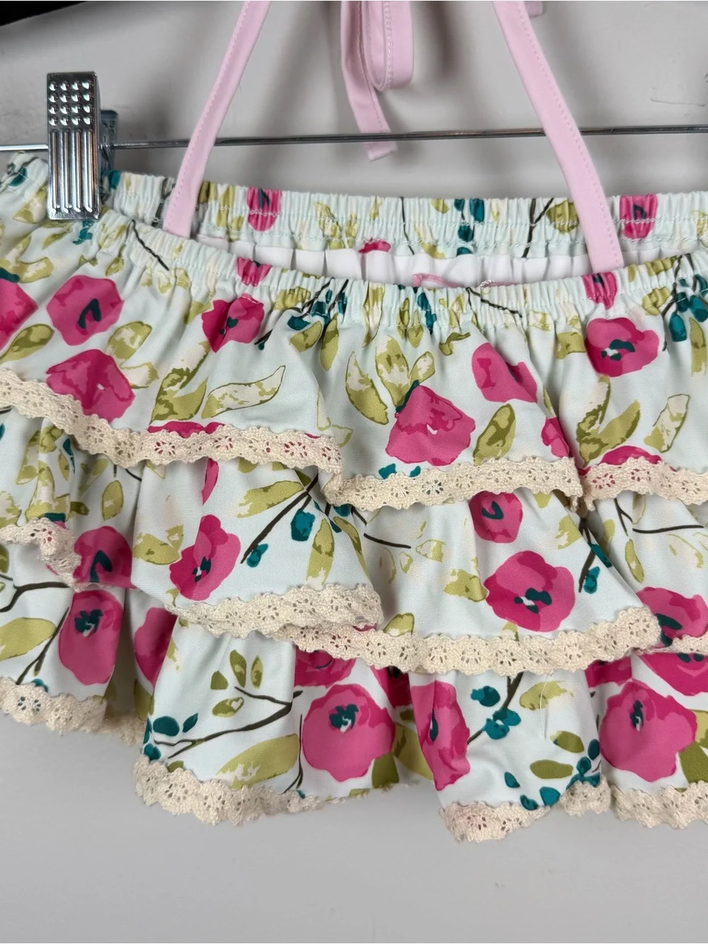 New Sweet Honey Blue Pink Floral Ruffle Halter Swim Bikini Top Size 10 Years